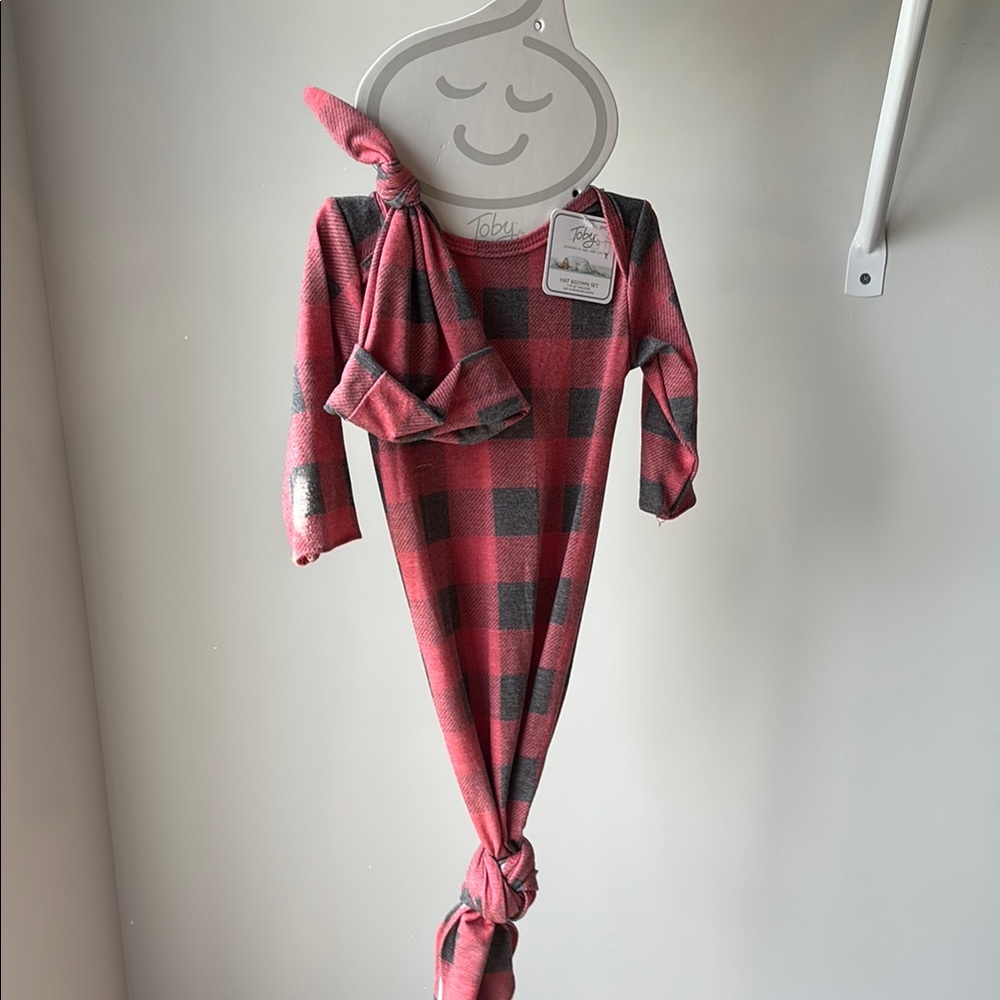 NEW! Red and Black Plaid Baby Gown with Hat